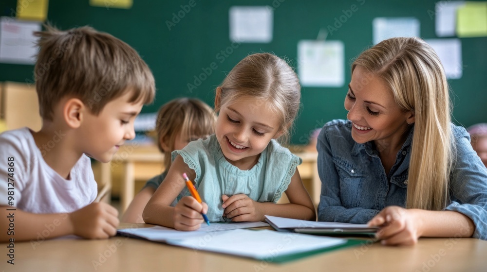 A cheerful teacher guides two students as they collaborate on a drawing activity, highlighting creativity and learning in a vibrant classroom filled with natural light A cheerful teacher guides two students as they collaborate on a drawing activity, highlighting creativity and learning in a vibrant classroom filled with natural light
