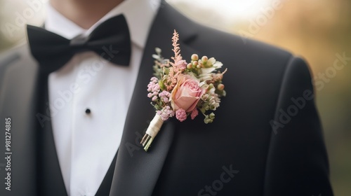 Elegant Groom's Boutonni??re on Formal Tuxedo photo