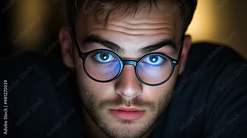 A young man focuses on a screen, illuminated by its glow, highlighting his glasses and deep blue eyes in a darkened setting, creating an engaging and intimate mood A young man focuses on a screen, illuminated by its glow, highlighting his glasses and deep blue eyes in a darkened setting, creating an engaging and intimate mood