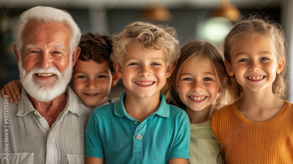 Obraz premium The elderly man with a white beard beams as he stands with four happy grandchildren, each smiling broadly in a cheerful, inviting atmosphere of togetherness