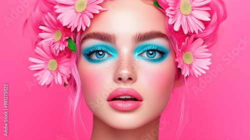 A young woman poses with striking pink hair adorned with flowers, showcasing bold blue eyeshadow and glossy lips, creating a playful and artistic appearance