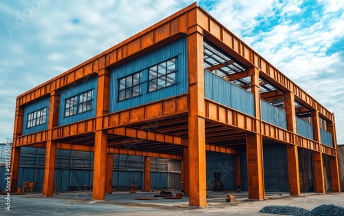 A large industrial building stands with orange steel framing and blue panels