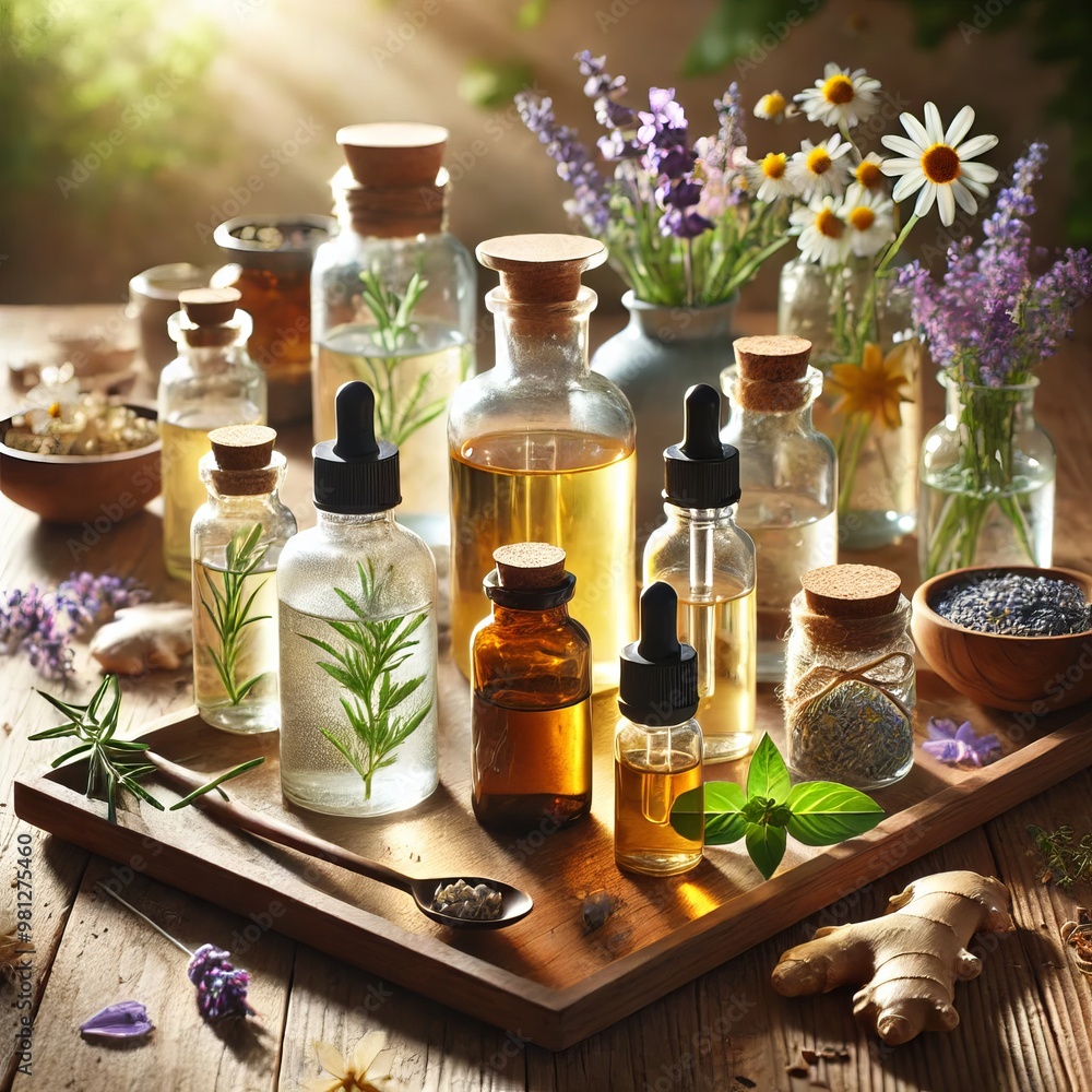 Essential Oils Collection with Herbs and Flowers on Wooden Tray Essential Oils Collection with Herbs and Flowers on Wooden Tray