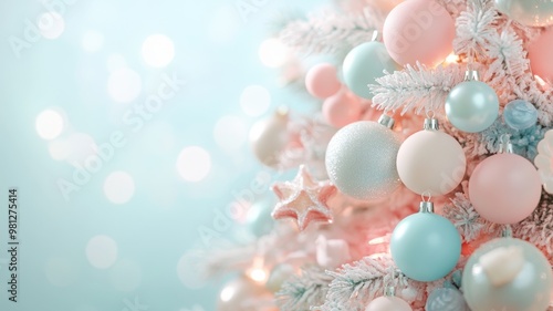 Whimsical Christmas tree with round pastel ornaments, featuring stars and clouds for a lighthearted festive look photo