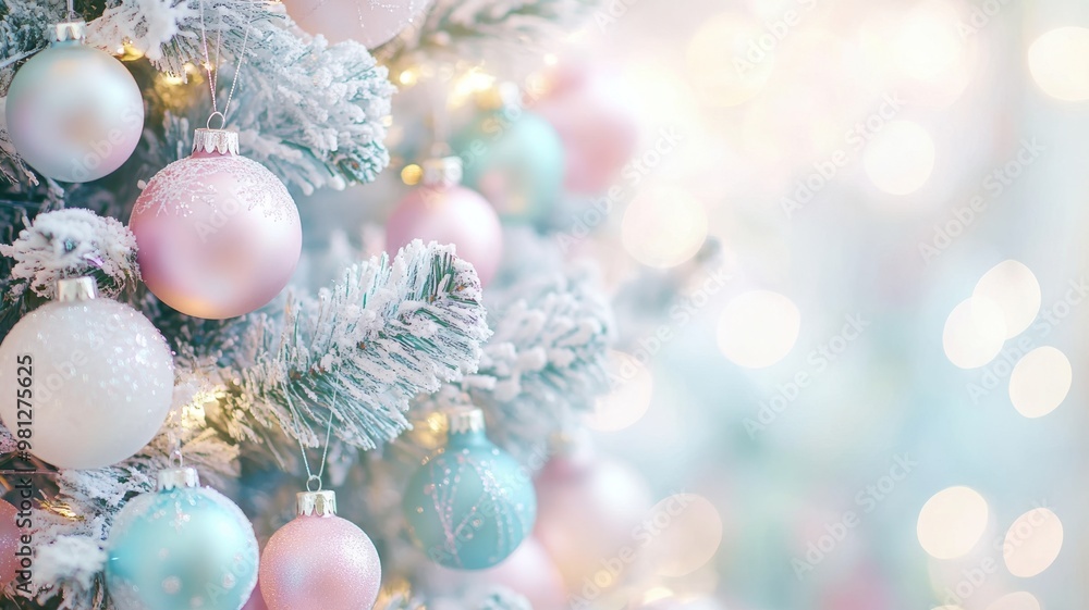 Dreamy Christmas tree decorated with pastel ornaments, set in a magical, cheerful holiday scene Dreamy Christmas tree decorated with pastel ornaments, set in a magical, cheerful holiday scene