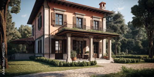 Elegant villa with a terracotta exterior, wooden shutters, and a columned patio, surrounded by lush greenery and a cobblestone walkway.