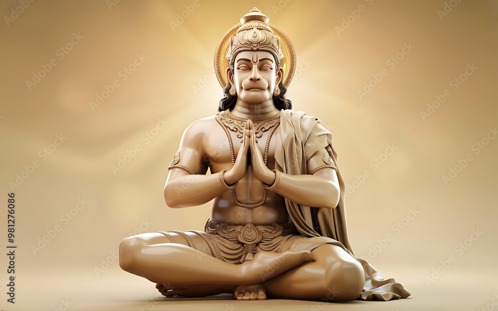 A 3D rendering of Hanuman, a Hindu deity, in a seated meditation pose with his hands in prayer position. A 3D rendering of Hanuman, a Hindu deity, in a seated meditation pose with his hands in prayer position.