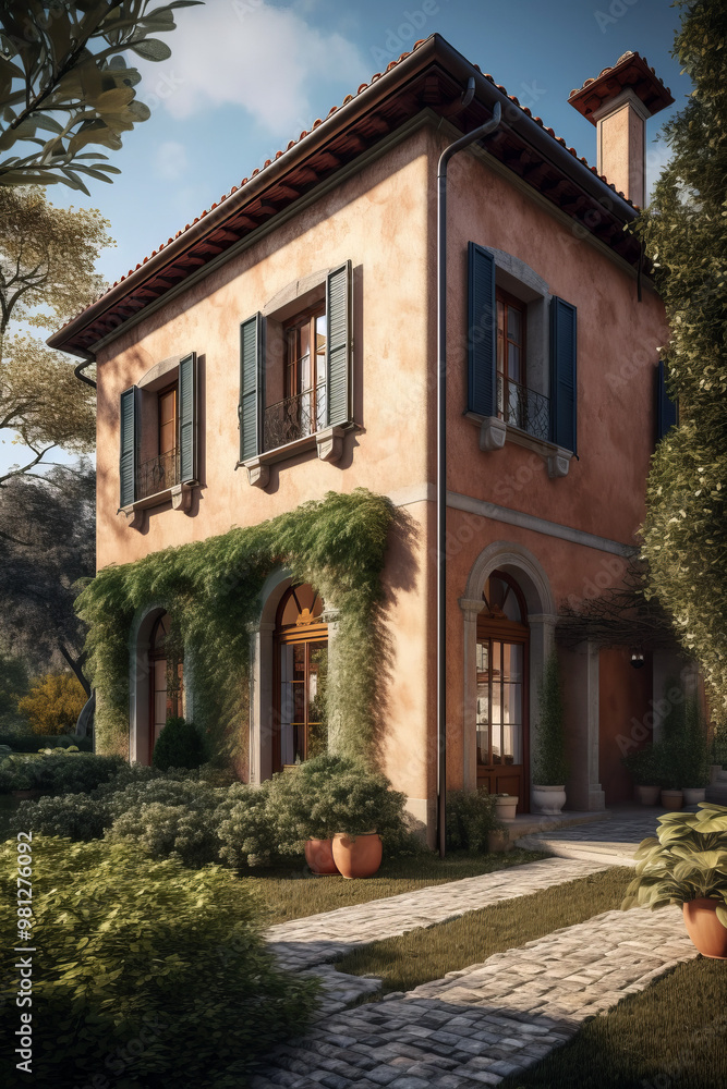 Charming two-story villa with arched windows, green shutters, ivy-draped walls, and a stone pathway, surrounded by manicured bushes and potted plants in a serene garden setting. Charming two-story villa with arched windows, green shutters, ivy-draped walls, and a stone pathway, surrounded by manicured bushes and potted plants in a serene garden setting.