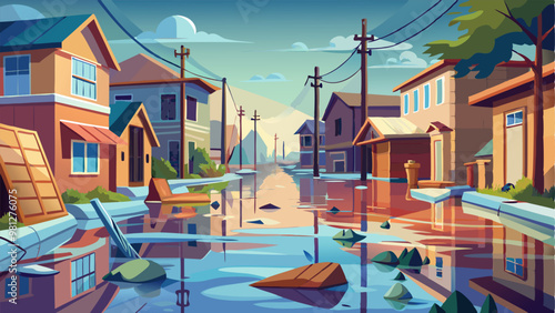 Vivid illustration of a small town affected by flooding with submerged roads and power lines, great for content on natural disasters and urban planning.