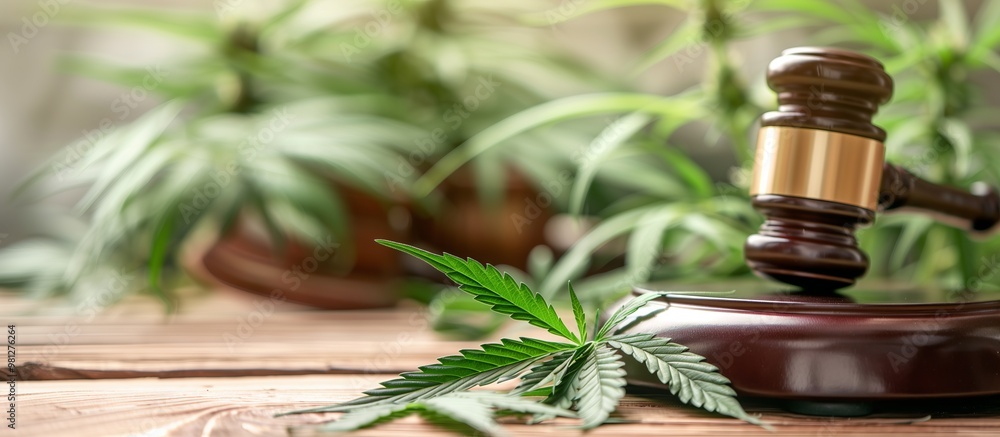 A wooden judge's gavel lying on a wooden surface next to marijuana leaves. Legal aspects related to the use of marijuana, its legalization and regulation. A wooden judge's gavel lying on a wooden surface next to marijuana leaves. Legal aspects related to the use of marijuana, its legalization and regulation.