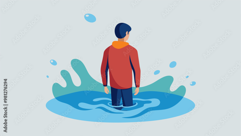 Illustration of a man turned away, standing in floodwater, symbolizing vulnerability and climate challenges. Illustration of a man turned away, standing in floodwater, symbolizing vulnerability and climate challenges.