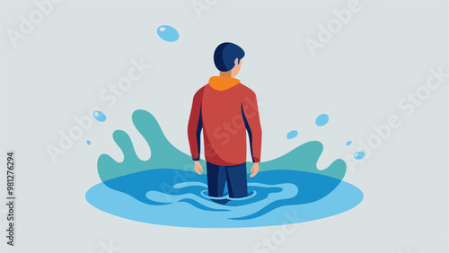Illustration of a man turned away, standing in floodwater, symbolizing vulnerability and climate challenges.