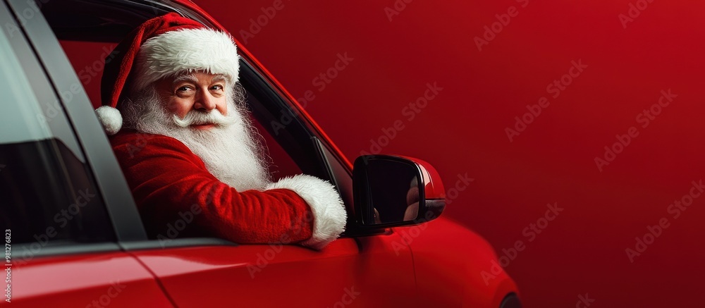 Santa in a modern red car against a red background.