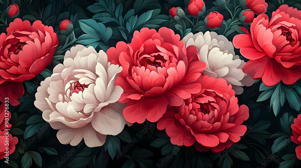 Blooming Peonies in a Garden: Lush Greenery and Vibrant Colors Blooming Peonies in a Garden: Lush Greenery and Vibrant Colors
