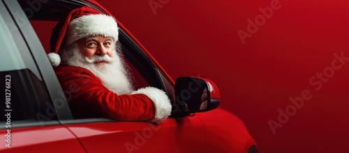 Obraz na płótnie Santa in a modern red car against a red background. w salonie