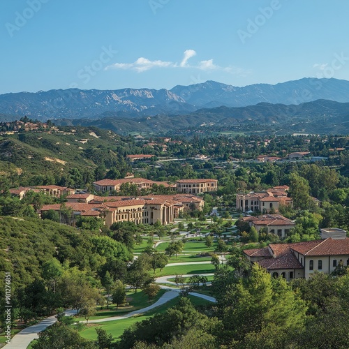 A panoramic view of a sprawling campus with red-tiled buildings, manicured lawns, and lush green trees nestled at the foot of a mountain range under a clear blue sky.