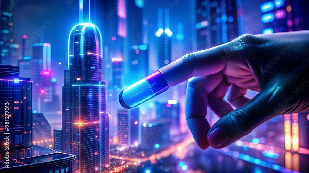 Futuristic hand holding a glowing capsule over a neon city skyline Futuristic hand holding a glowing capsule over a neon city skyline