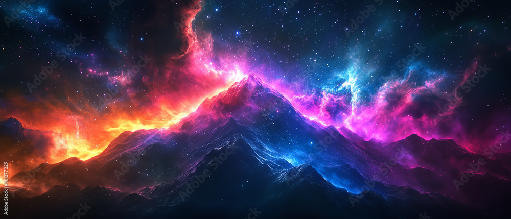 Obraz premium Render a surreal long shot of a towering mountain shrouded in vibrant
