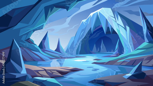 A blue and white landscape with a river and a cave