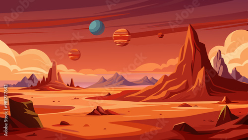 A desert landscape with a red sky and a large mountain in the background