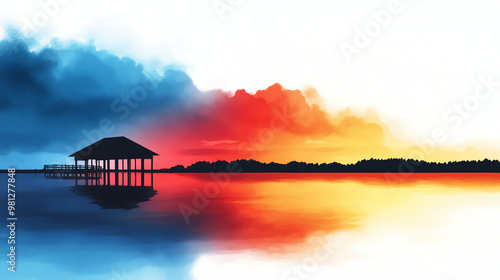 Capture a breathtaking sunset over a serene lake with a rustic bargeboard house in intricate watercolor style photo