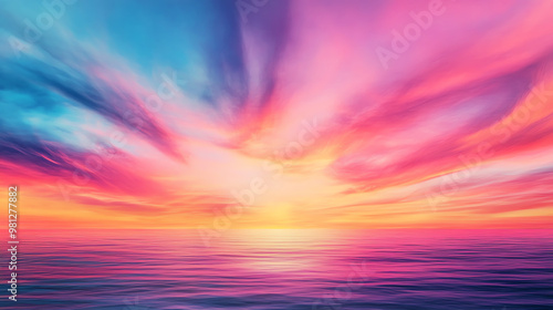 Capture a breathtaking sunset over a vast ocean with vibrant hues and wispy clouds in a digital watercolor style