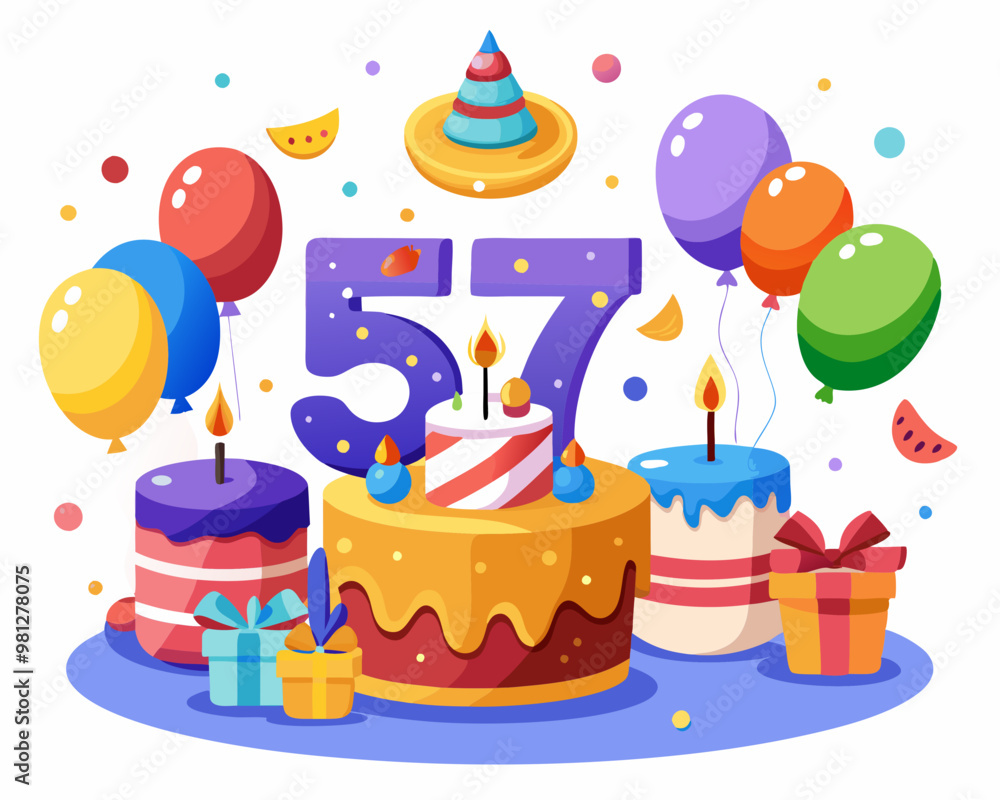 57 Birthday Vector With Cake, Balloons And Confetti 57 Birthday Vector With Cake, Balloons And Confetti