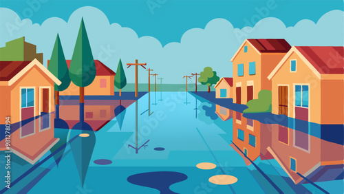 Colorful illustration depicting a flooded urban area with floating debris, ideal for environmental or disaster-related content.