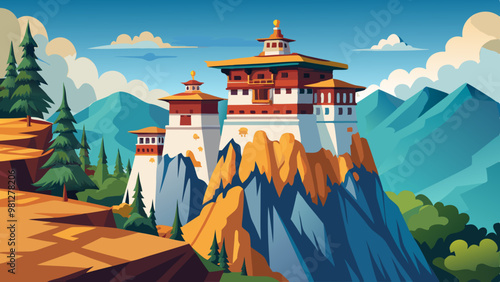 A mountain range with a large building in the middle