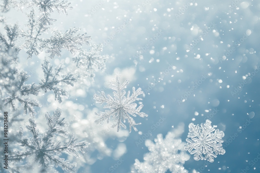 Close-up of Delicate Snowflakes Against a Blurred Blue Background Close-up of Delicate Snowflakes Against a Blurred Blue Background