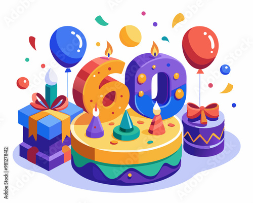 60 Birthday Vector With Cake, Balloons And Confetti