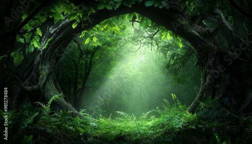 A peaceful forest clearing framed by twisted tree branches and lush green foliage, with sunlight filtering through the leaves to create a calming glow.