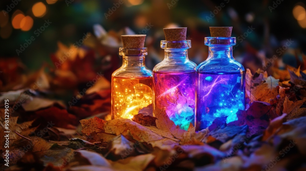 Three small glass bottles with glowing lights inside on the ground covered in autumn leaves, fantasy art style banner with copy space. Halloween witchy vibrant vials of poisons, fairy tale design. Three small glass bottles with glowing lights inside on the ground covered in autumn leaves, fantasy art style banner with copy space. Halloween witchy vibrant vials of poisons, fairy tale design.