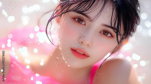 Water Droplets on Skin, Close-up Beauty Portrait with Soft Lighting and a Pink Background