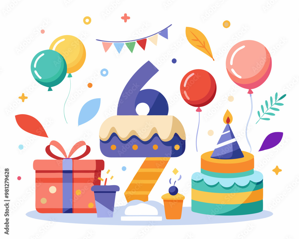 67 Birthday Vector With Cake, Balloons And Confetti 67 Birthday Vector With Cake, Balloons And Confetti