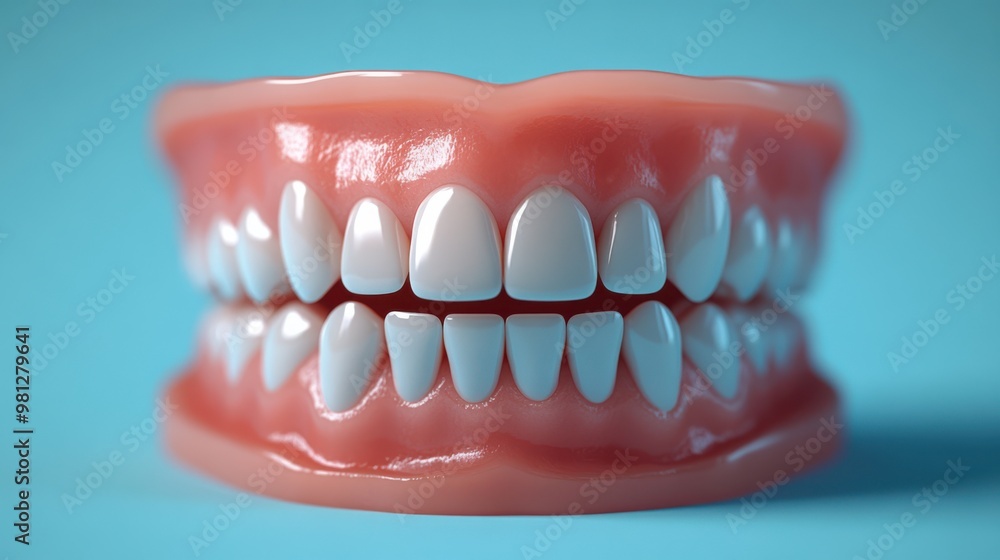 Perfect White Teeth Smile Denture Model Blue Background Perfect White Teeth Smile Denture Model Blue Background