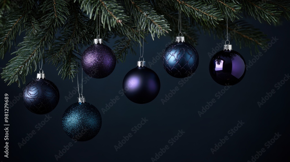 Elegant Christmas ornaments in navy blue and purple on a dark tree, with silver accents adding a luxurious festive sparkle Elegant Christmas ornaments in navy blue and purple on a dark tree, with silver accents adding a luxurious festive sparkle