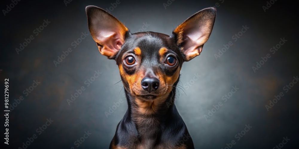 Adorable miniature Pinscher dog with big brown eyes and floppy ears sits upright on a sleek isolated background, showcasing its sweet and lively personality. Adorable miniature Pinscher dog with big brown eyes and floppy ears sits upright on a sleek isolated background, showcasing its sweet and lively personality.
