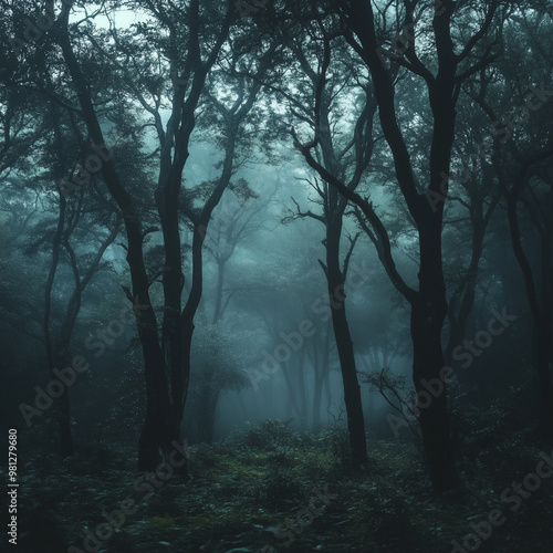 Mysterious Dark Forest in the fog