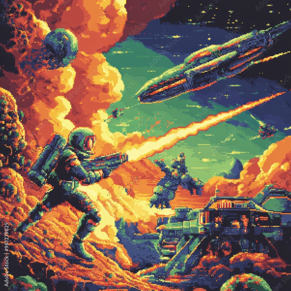 Naklejka premium A pixelated depiction of a futuristic war scene with a spaceman firing a weapon at an enemy ship.