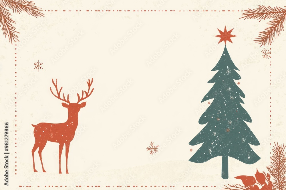 Naklejka premium Christmas Card with a Reindeer and Christmas Tree