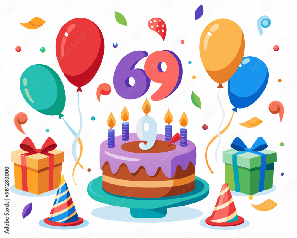 69 Birthday Vector With Cake, Balloons And Confetti 69 Birthday Vector With Cake, Balloons And Confetti