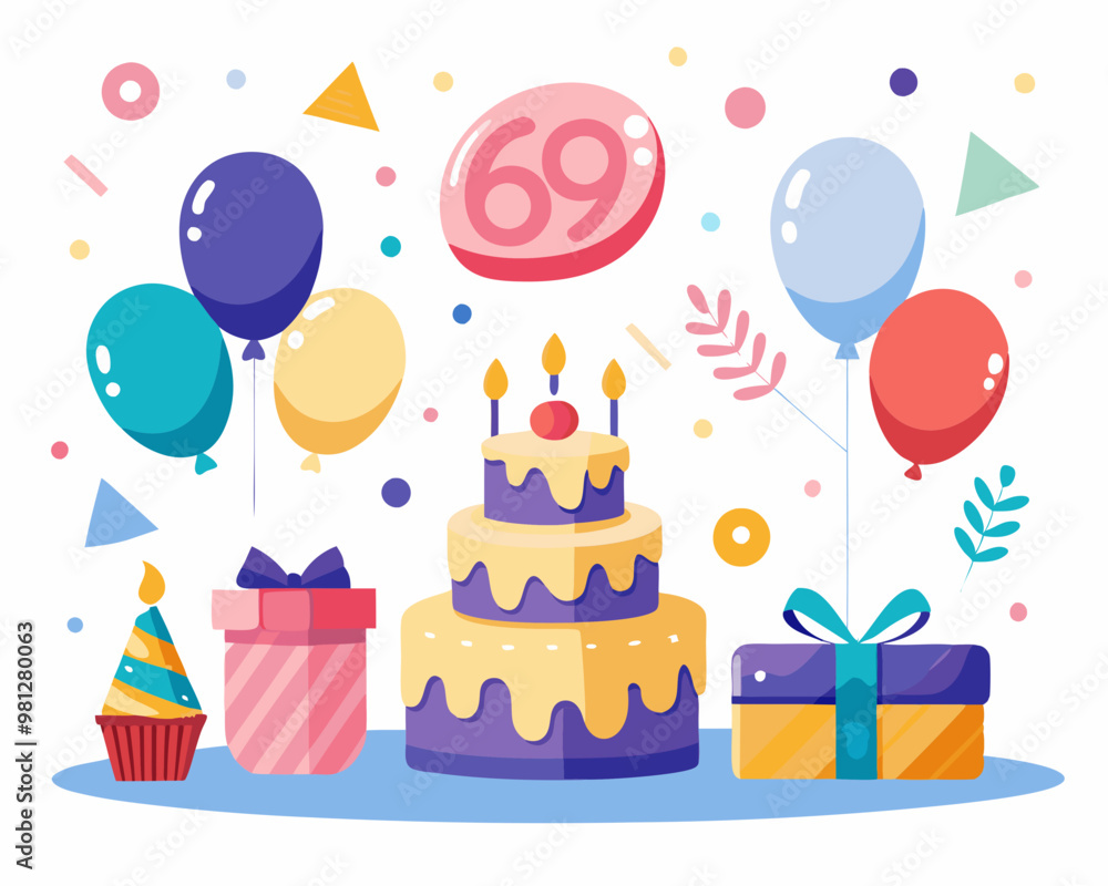 69 Birthday Vector With Cake, Balloons And Confetti 69 Birthday Vector With Cake, Balloons And Confetti