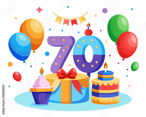 70 Birthday Vector With Cake, Balloons And Confetti
