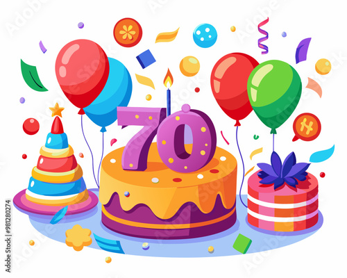 70 Birthday Vector With Cake, Balloons And Confetti