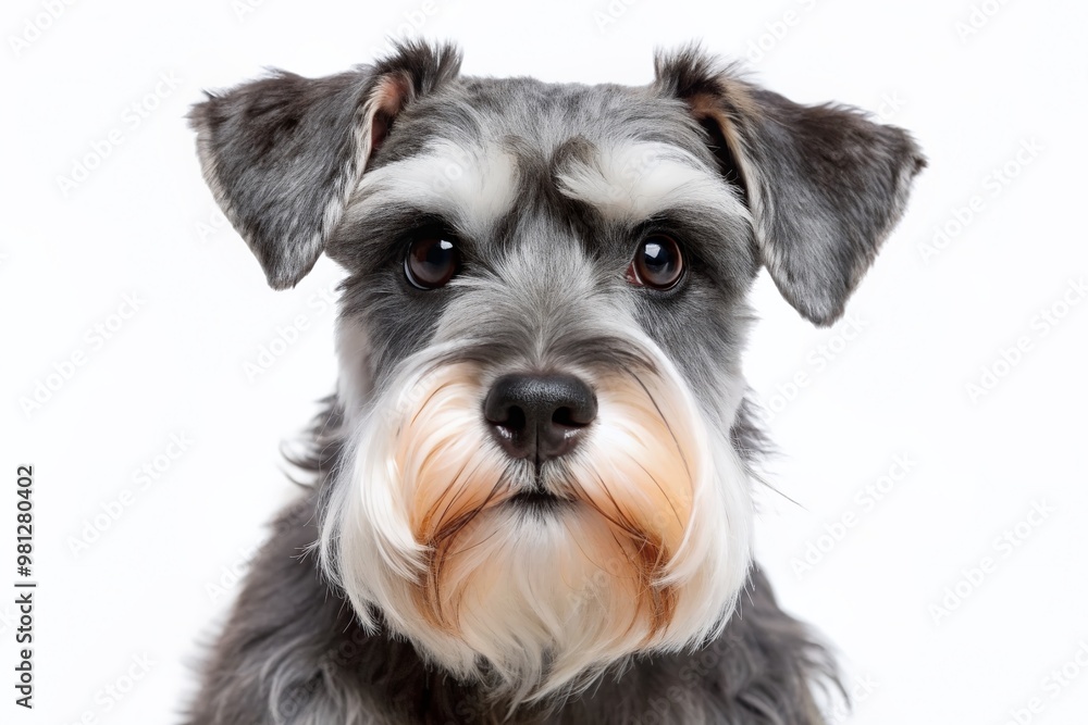 Adorable miniature schnauzer with salt and pepper fur and eyebrows, isolated on white, tilts head in confusion, cute expression, endearing canine portrait. Adorable miniature schnauzer with salt and pepper fur and eyebrows, isolated on white, tilts head in confusion, cute expression, endearing canine portrait.