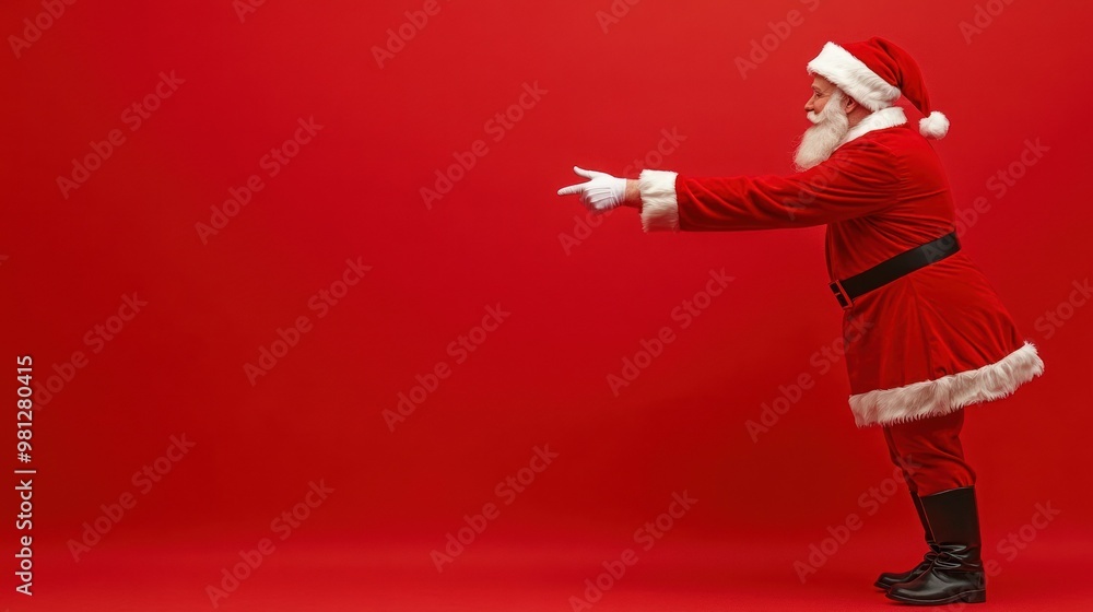 Santa Claus pointing left on a red background, standing