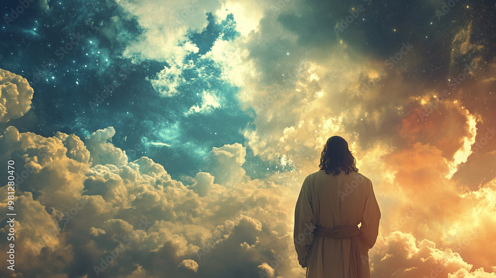 Obraz premium Man Standing in Heavenly Clouds