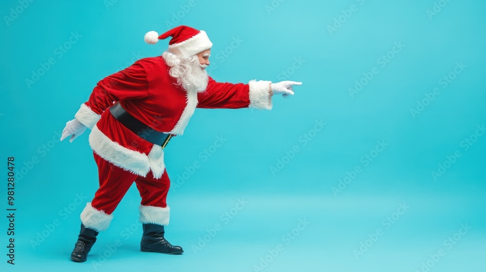 Santa Claus bent over and pointing downward, blue backdrop Santa Claus bent over and pointing downward, blue backdrop