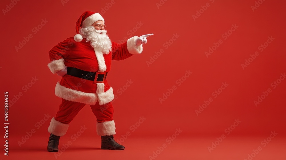 Santa in a red outfit pointing to his left side Santa in a red outfit pointing to his left side